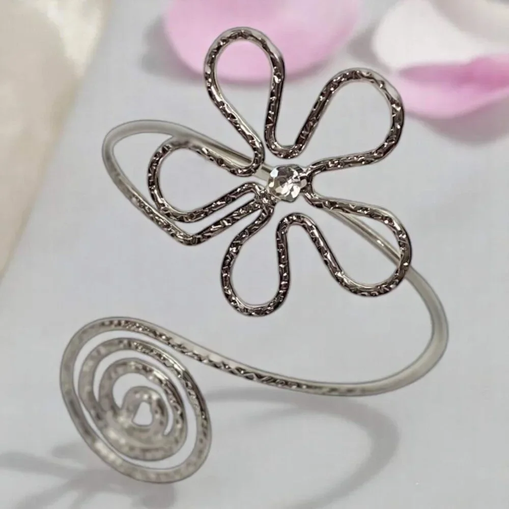 Silver Textured Spiral Flower Power Upper Arm Cuff Bracelet Armlet NEW
